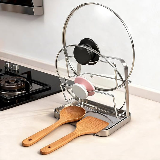 304 Stainless Steel Pot Lid Organizer & Spoon Rest, Pot Lid Holder Storage Rack for Kitchen Countertop, Multifunctional Stove Top Pot Cover Stand While Cooking