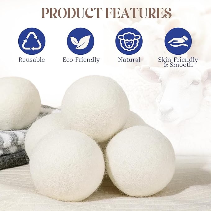 Wool Dryer Balls, New Zealand Dryer Balls Laundry Reusable Reduce Static Cling, Dryer Ball to Reduce Wrinkles & Shorten Drying Time, Drying Balls Fabric Softener Ball for Laundry（Pack of 8 XL)