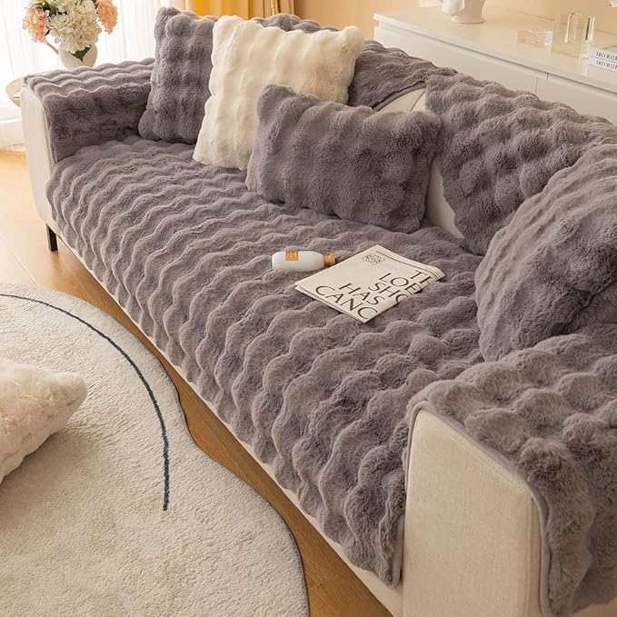 Soft Warm Faux Fur Couch Sofa Cover Thick Shaggy Fuzzy Sectional Couch Cover Non-Slip Solid Color Plush Sofa Slipcover Furniture Protector for Pets, Kids (Dark Grey,36"x82")