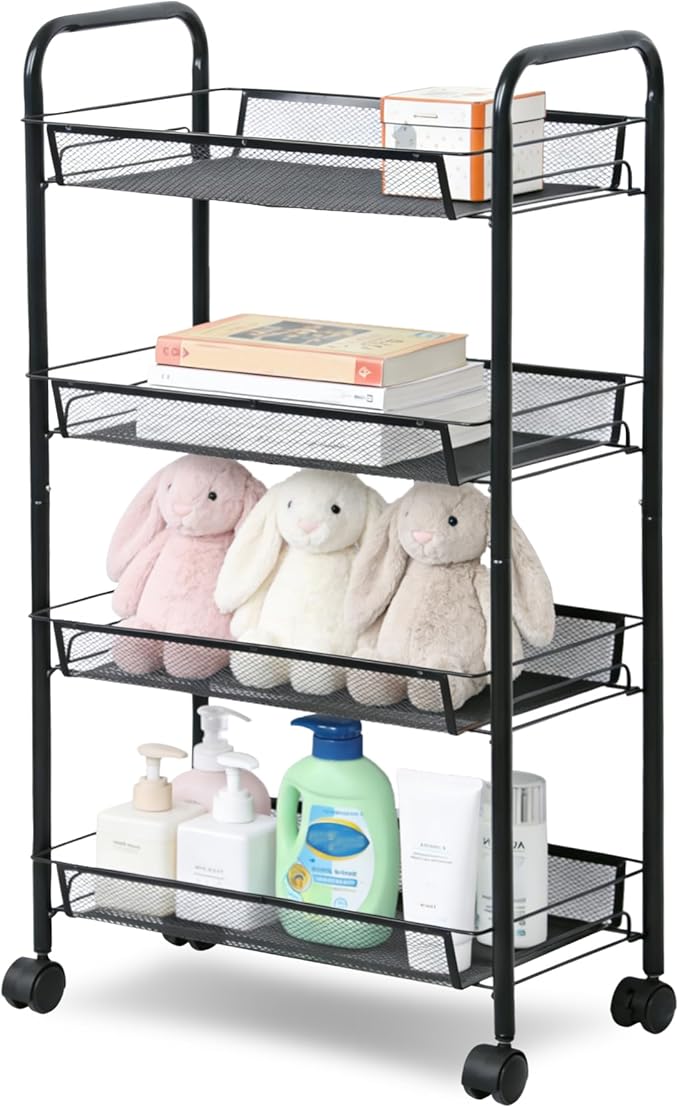 LOFTEY 4 Tier Rolling Storage Cart, Small Metal Utility Cart on Wheels, Rolling Organizer Carts for Kitchen, Bathroom, Laundry Room, Office, Easy No-Tool Assembly, Black