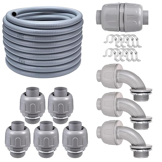 50FT NPT 3/4 Inch Liquid Tight Connector Non-Metallic PVC Electrical Flexible Conduit Fittings, UL Listed - with 5 Straight, 3 Curved and 1 Double-Port Connector