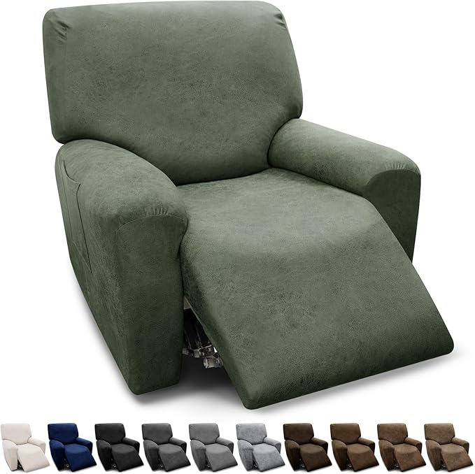 Chair Covers 4-Pieces Recliner Chair Covers 1 Seater Cover for Recliner Chair Leather Look Recliner Slipcovers with Pockets Spandex Fabric Furniture Covers(Recliner, Army Green)