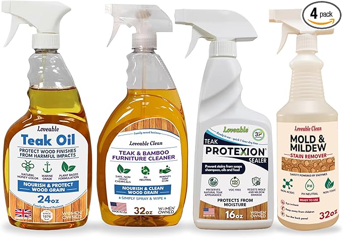 Loveable EcoDecors Complete Teak Care Bundle - 24oz Teak Oil, 32oz Cleaner, 16oz Protexion, and 32oz Stain Remover