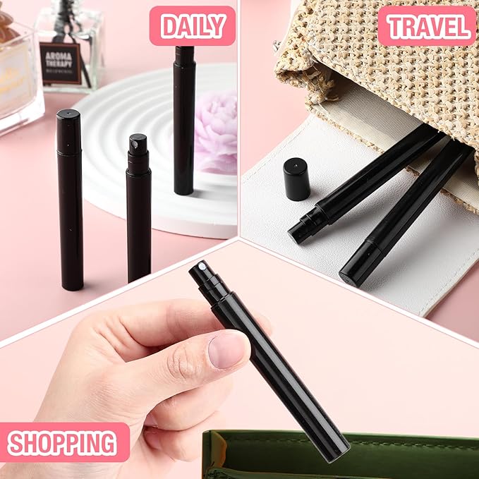 Tanlade 300 Pcs 5ml Mini Spray Bottles Refillable Black Plastic Travel Perfume Atomizer Mouthwash Bottle Cologne Small Sample Containers for Essential Oils Retailers