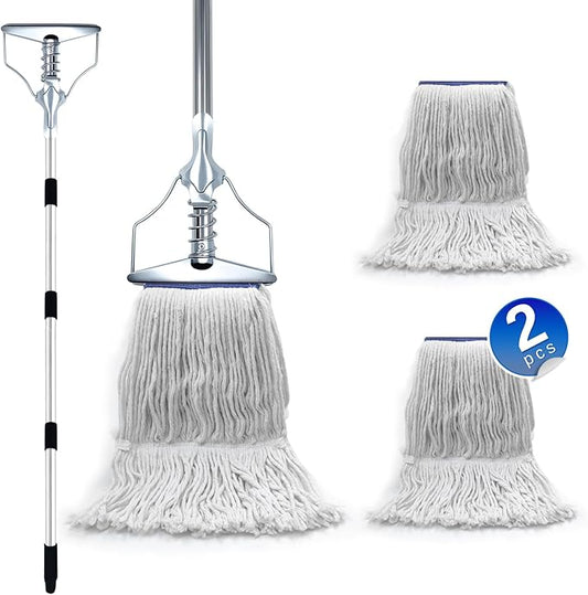 Heavy Duty Commercial Industrial Mop，59in Looped-End String Wet Cotton Mops for Floor Cleaning，Suitable for Home, Workshop and Garage Floor Cleaning Including 2 Mop Head Replacements (Blue + White)