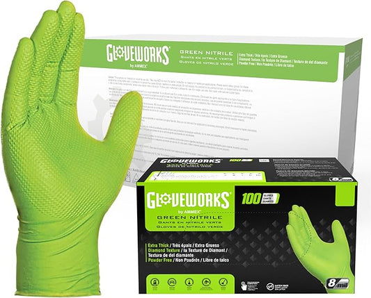 GLOVEWORKS HD Green Gloves, 8 Mil Nitrile Disposable Heavy Duty Raised Diamond Grip Mechanic Glove, Bulk Purchasing Options