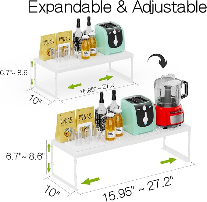 Adjustable Stackable Metal Storage Shelf Organizer - Expandable Wire Rack with Perforations for Kitchen, Pantry, Bathroom, Cabinet & Office-Compact, Durable & Sturdy (3PACKS/Large/White)