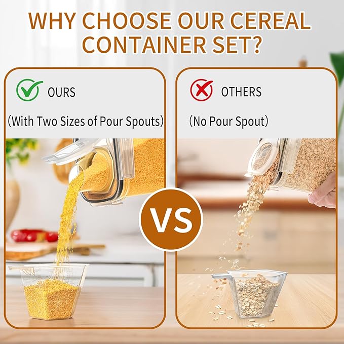 Cereal Containers Storage Set (4L / 135.2oz), 8PCS Airtight Food Storage Containers with Lids, Cereal Dispensers for Kitchen Pantry Organization and Storage with Pour Spout, 20 Labels, Marker