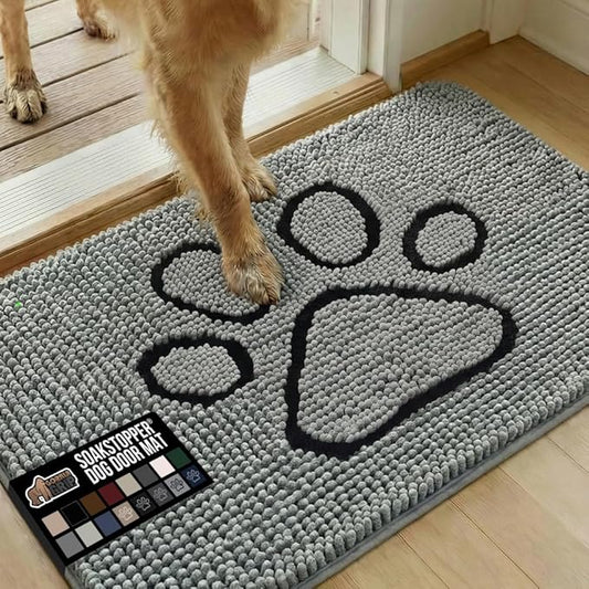 GORILLA GRIP SoakSTOPPER Dog Door Mat, 35x24 Machine Washable Rug Absorbent Doormat Captures Moisture Mud Dirt, Quick Dry Soft Chenille Entryway Rugs Indoor Entrance Mats for Dog Paws, Paw Grey