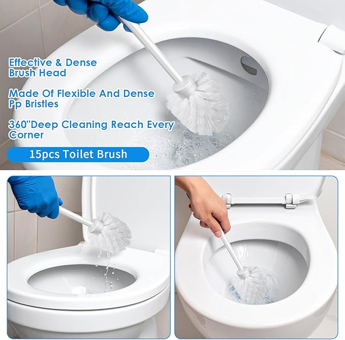 15 Pcs 14.6 Inch White Plastic Toilet Brush, Commercial Heavy Duty Toilet Bowl Cleaner with Long Handle for Bathroom Cleaning