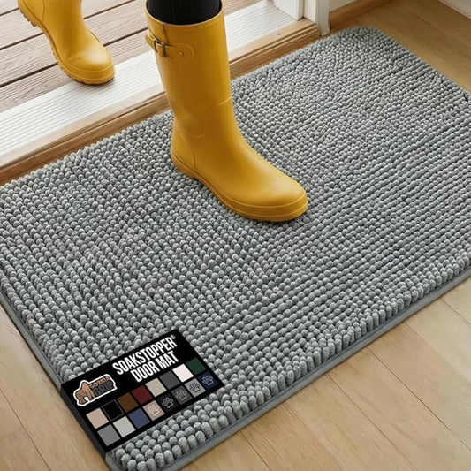 GORILLA GRIP SoakSTOPPER Dog Door Mat, 35x24 Machine Washable Rug Absorbent Doormat Captures Moisture Mud Dirt, Quick Dry Soft Chenille Entryway Rugs Indoor Entrance Mats for Dog Paws, Grey