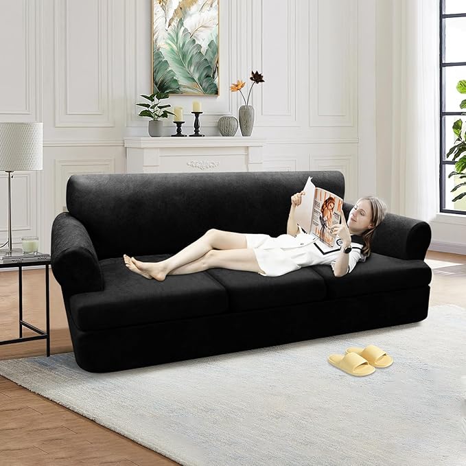 4-Pieces T Cushion Sofa Slipcovers - Leather Look Couch Cover for 3 Cushion Couch - Furniture Protector Stretch Sofa Cover With 3 Individual Seat Covers - Washable, Black