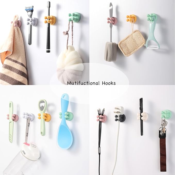 iBetterLife Silicone Toothbrush Shower Holder - 6Pcs Self Adhesive Wall Mounted Single Hook for Hanging Tooth Brushing, Functional Utility Plug Holder for Bathroom Kitchen Living Room Office, Yellow