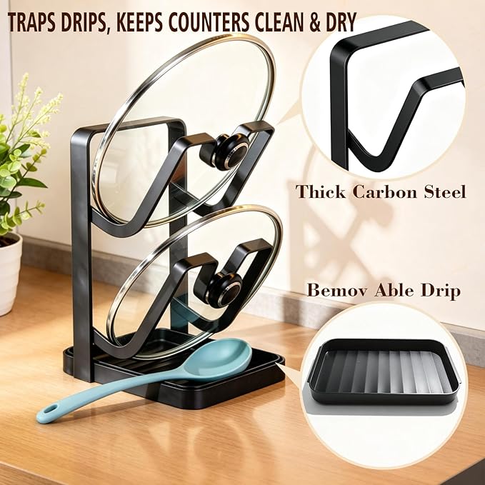 Pot Lid Holder for Countertop with Spoon Rest, Lid and Spoon Rest for Stove Top, 2-in-1 Pot Lid Organizer with Drip Tray, Heat Resistant Utensil Holder for Cooking