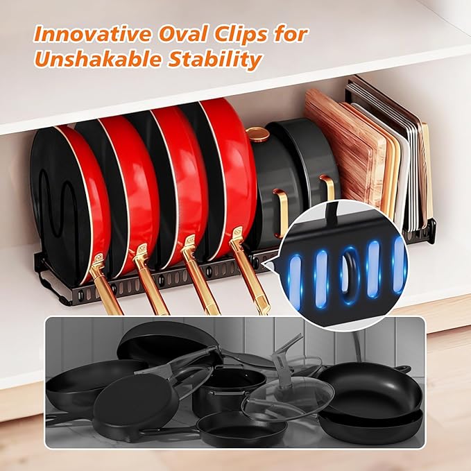 Under Cabinet Pot and Pan Organizer - Expandable (11.8"-22.8") Kitchen Cabinet Storage Rack with 13 Adjustable Dividers for Lids, Cutting Boards & Baking Sheets - Tool-Free Assembly, Black