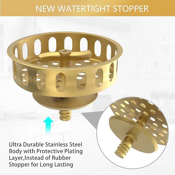 Gold Sink Drain Strainer 3-1/2 Inch Kitchen Sink Drain Assembly Kit with Stainless Steel Strainer Basket and Drain Stopper for Standard Kitchen Sink Brushed Gold