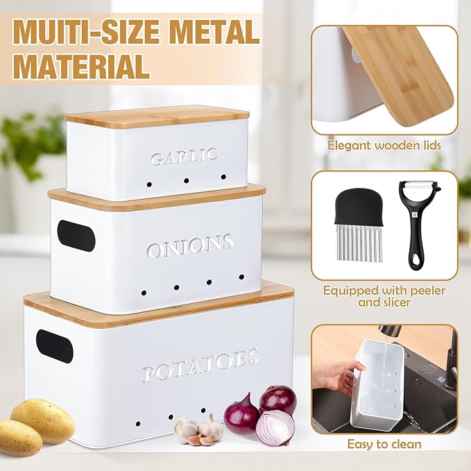 Honeydak 3 PCS Potato Onion Garlic Storage Bins Set, Metal Vegetable Keeper Containers with Lids Aerating Holes for Kitchen Counter Pantry Keep Fresh Longer Farmhouse for Sweet-potato Fruit(White)