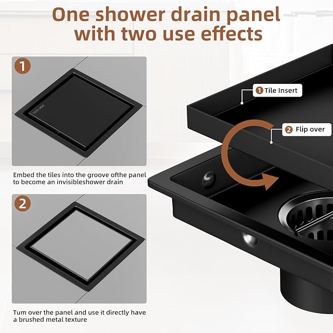 4 Inch Square Black Shower Drain Kit with Flange & Lifting Hook, Modern Floor Drain with 2-in-1 Cover Tiled Insert Grate, Stainless Steel SUS 304 (Matte Black, 4 Inch)