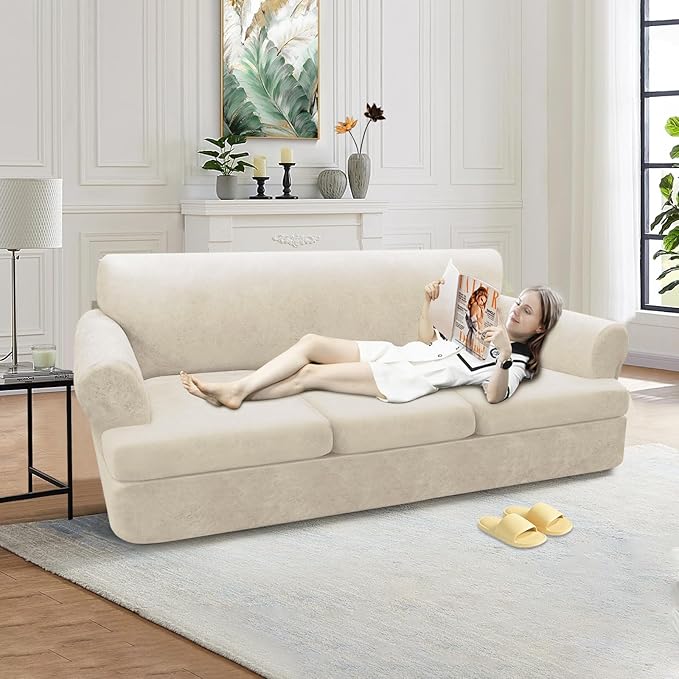 4-Pieces T Cushion Sofa Slipcovers Leather Look Couch Cover for 3 Cushion Couch Furniture Protector Stretch Sofa Cover with 3 Individual T Cushion Seat Covers Washable, Beige