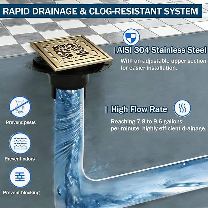 4 Inch Shower Drain, Square Shower Floor Drain Kit with Flange and Removable Cover Grate, AISI 304 Stainless Steel, Brushed Gold