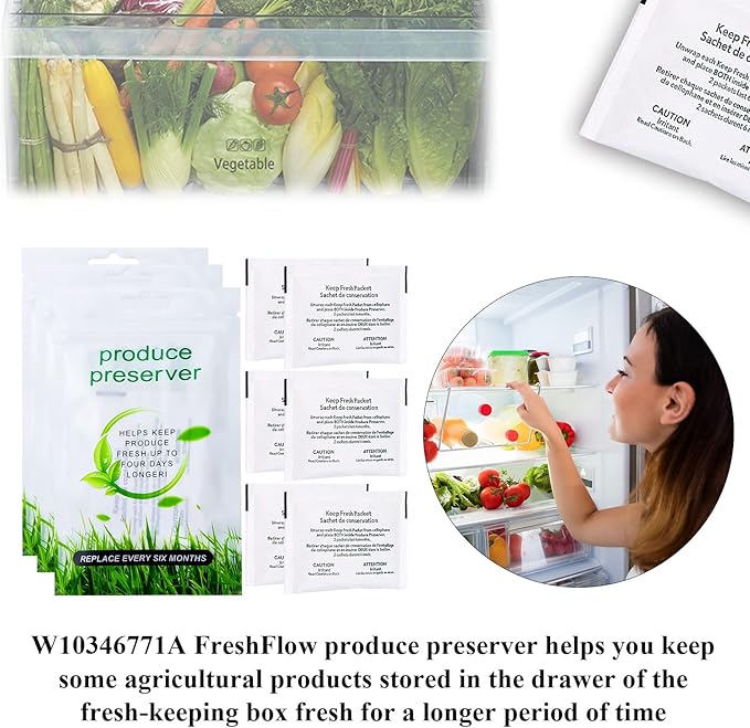 Funmit W10346771A FreshFlow Produce Preserver Replacement for Whirlpool Refrigerator Replace W10346771 2117689 AP5324183 AH3503014 EAP3503014 PS3503014 (3 Pack - 6 Pouches)