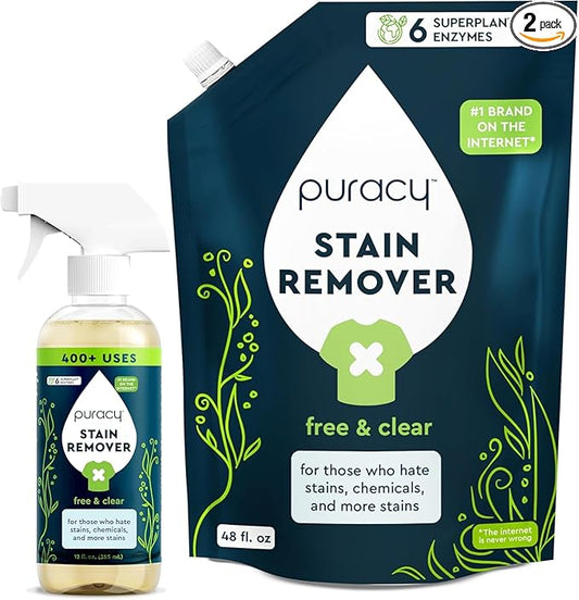Puracy Stain Remover - Cleaning Spray for Clothes, Laundry Spray for Clothes, Travel Stain Remover - Natural Spot Cleaner, 12oz & 48oz Bundle