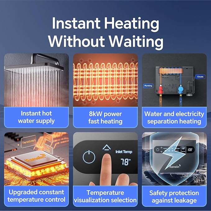 Ranein 8kW Tankless Electric Water Heater, 240V on Demand Instant Endless Water Heater with LED Temperature Display for Bathroom and Kitchen sink