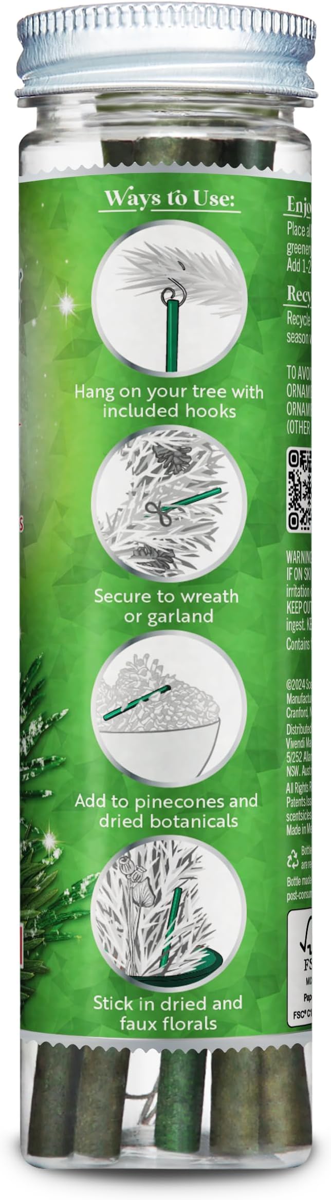 Scentsicles White Winter Fir and Snowberry Pine Scented Christmas Ornaments with Hooks - 2 Pack (2 Bottles, 12 Sticks Total)