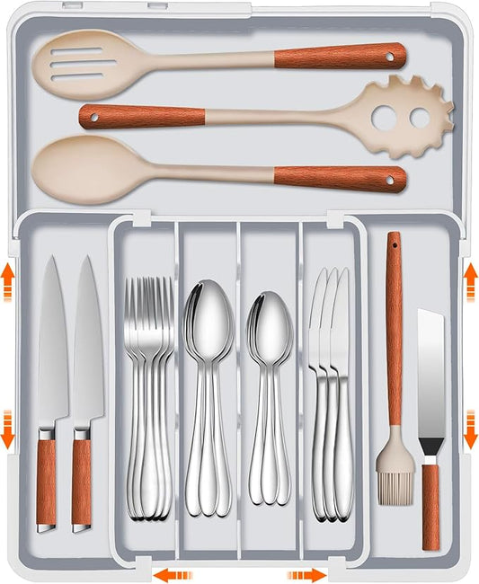 Expandable Silverware Drawer Organizer - 7 Compartments BPA-Free Kitchen Utensil Tray, Adjustable 12.6”×9.5" to 19"×15.2", Cutlery Drawer Organizer, Gray