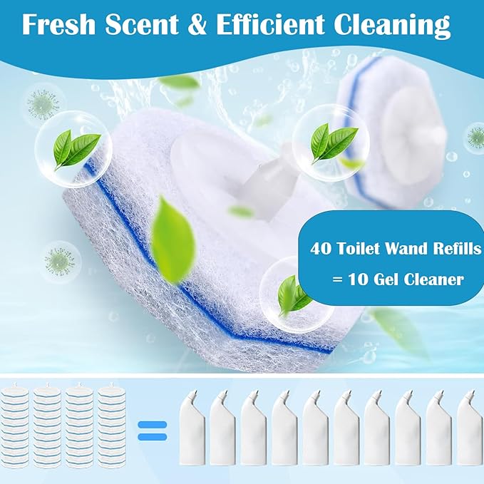 Disposable Toilet Bowl Wand Refills, Toilet Brush Head Pads Compatible with Most Disposable Cleaning Refills Upgraded Bathroom Blue Cleaning Scrubbers Wand Heads - 40 Pcs