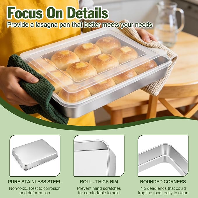 TeamFar Lasagna Pan with Lid, 12.3’’ x 9.75’’ x 2’’, Stainless Steel Rectangular Baking Cake Pan, Heavy Duty & Non-Toxic, Deep & Visible, Brushed Finish & Dishwasher Safe- (1 Pan+1 Lid)