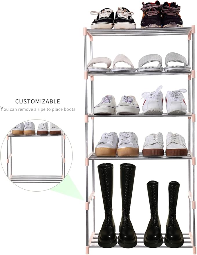 Stackable Small Shoe Rack, Entryway, Hallway and Closet Space Saving Storage and Organization (10-Tier, Pink)