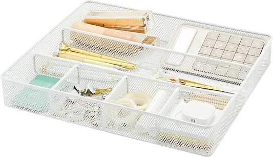 Annova Desk Top Organizer Tray for Office Organization - Metal Mesh - Storage Tray with Dividers for Pens, Desktop Accessories, Bathroom, Kitchen, Makeup and Office Supplies (Large, White)