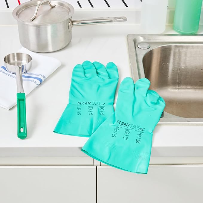 Restaurantware Green Cleaning Gloves 10 Pairs 15 Mil Thick XXL Heavy-Duty Nitrile Gloves With Long Cuff No-Latex Flock Lining For Use In Hospitals, Laboratories, Kitchens and Households