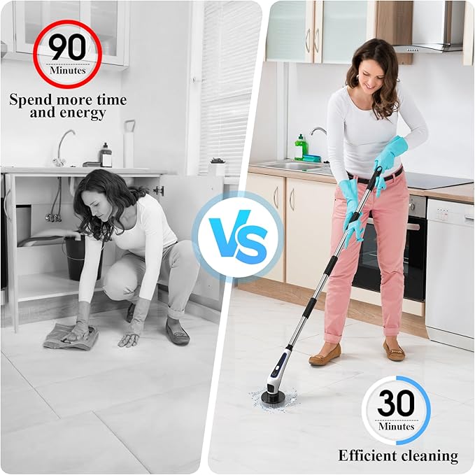 Electric Spin Scrubber,IPX7 Waterproof Cordless Cleaning Brush, Bathroom Scrubber with Adjustable Handle and 9 Replaceable Brush Heads,3-speeds,Electric Rotary Scrubber for Bathroom,Tub,Tile