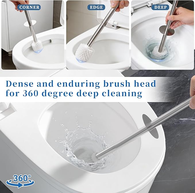 2 Pack Toilet Brush and Holder-with 304 Stainless Steel Long Handle-Toilet Bowl Brush for Bathroom (Champagne Gold)