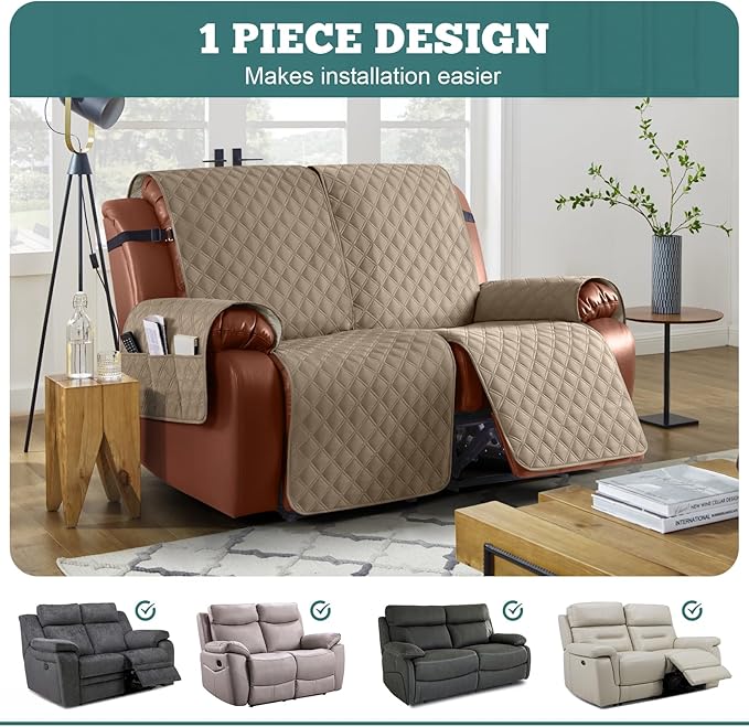 Ruaozz Waterproof Recliner Sofa Covers, 1-Piece Reclining Couch Covers Non-Slip Sofa Slipcover Washable Furniture Protector with Elastic Straps Pocket for Kids Pets (Khaki, 2 Seater)