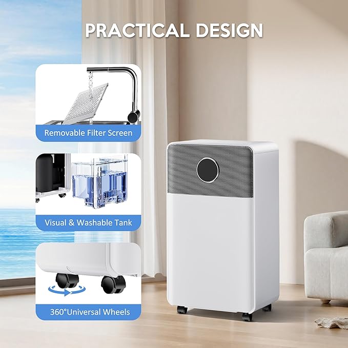 2500 Sq.Ft Dehumidifiers with Drain Hose, Max 42 Pints, Intelligent Humidity Control, 24H Timer, 3 Modes, Child Lock, Auto Defrost, Ideal for RV, Bathroom, Bedroom