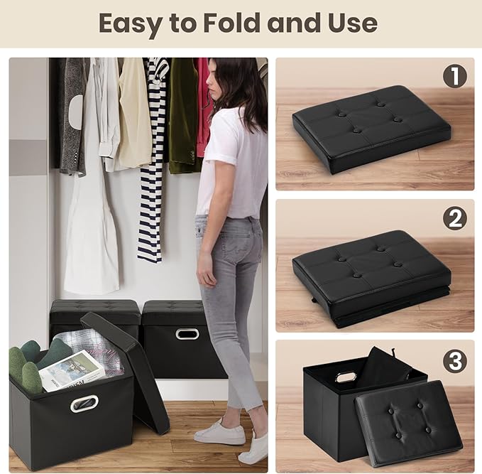 COSYLAND Ottoman with Storage Folding Leather Ottoman Footrest Foot Stool Black Ottoman for Room Small Rectangle Collapsible Bench Furniture with Handles Lid Toy Chest 17x13x13in