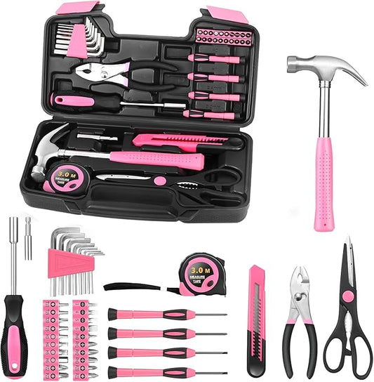 39 Piece Pink Tool Set for Women, All Purpose Household Hand Tool Kit with Plastic Storage Box, Small Tool kit for Home Garage Office College Dorm