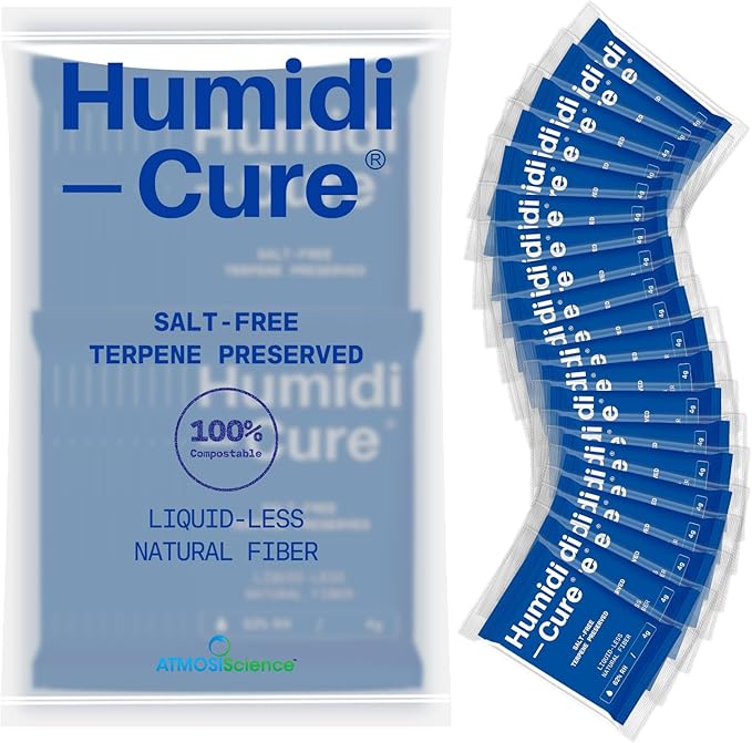 Humidi-Cure 62% RH 2-Way Humidity Packs, Size 4g, 20 Packs, Moisture Absorbers for Storing 1/2 oz Herbs, Humidity Control Packs Preserving Aroma and Flavor with Liquidless Plant-Fiber, Salt-Free