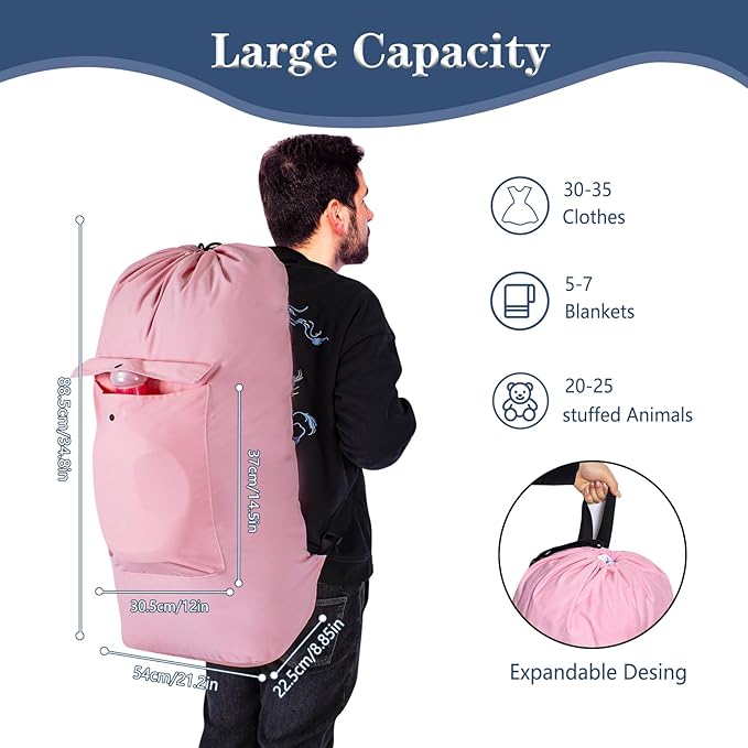 Sanlykate Canvas Backpack Laundry Bag - Extra Large Durable Dirty Clothes 2-3 Days Capacity with Adjustable Shoulder Strap & Front Pocket, for College Dorm, Apartment, Laundromats, Camping Travel