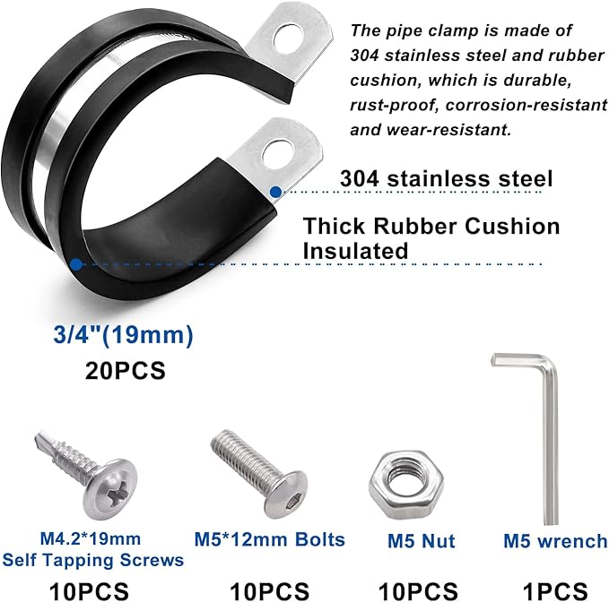 Taiss 40PCS 3/4 Inch Cable Clamps 304 Stainless Steel Rubber Cushion Insulated Wire Clamps,Loop Clamps,Metal Clamp,Pipe Clamps With two kinds of screws,(19mm) F-098-19mm