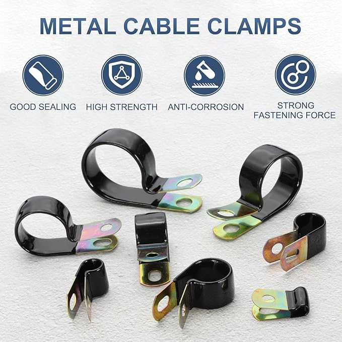 PATIKIL 3/8 Inch Vinyl Coated Cable Clamps, 50 Pack Galvanized Steel Metal Cable Clips Rubber Cushion Insulated Pipe Clamps for Tube Lines Cord Wire Management, Black