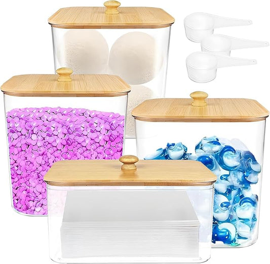 4 Pack Laundry Pods Container, Clear Laundry Room Organization Storage Containers with Wooden Lids & Scoops, Large Laundry Detergent Powder Containers for Powder Dryer Balls