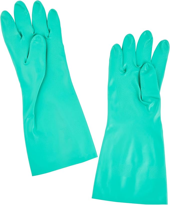 Restaurantware Green Cleaning Gloves 10 Pairs 15 Mil Thick XXL Heavy-Duty Nitrile Gloves With Long Cuff No-Latex Flock Lining For Use In Hospitals, Laboratories, Kitchens and Households