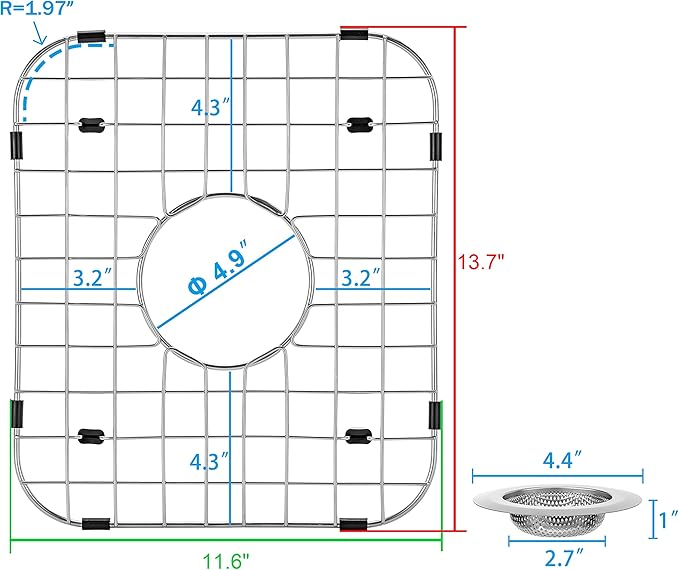 4 Pack Sink Protectors for Kitchen Sink with Center Drain Hole, 13.7"x11.6" Stainless Steel Kitchen Sink Bottom Grid 2pcs with 2pcs Sink Strainers (Silver)