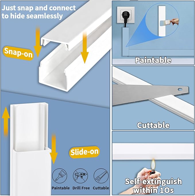 236in Cord Hider Kit, Cord Covers for Wires on Wall, Long, Large, Cord Hider for Wall Mount tv, Paintable Cable Raceway, tv Cable Hider Wall kit, Wire Covers for Cords,6X(L39.4in W0.95in H0.5in) White