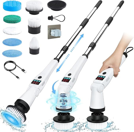 Electric Spin Scrubber Shower Scrubber with Long Handle & 3 Speeds, Rechargeable Cordless Power Scrubber Spin Brush for Cleaning Bathroom, Tub, Floor, Tile（Black-Beige