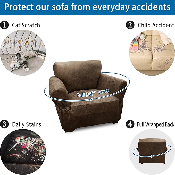 Single Sofa Cover Leather Look Chair Covers for Living Room 1-Piece Sofa Chair Covers with Arms Stretch Furniture Protector with Elastic Bottom & Pockets(Armchair, Light Brown)